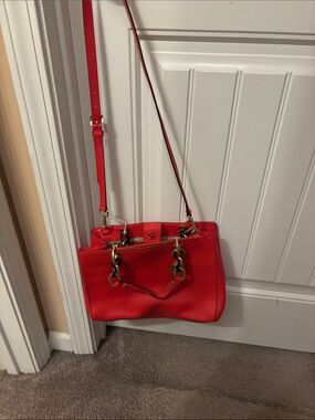 Michael Kors Red Leather Shoulder Tote with Gold Chain Links